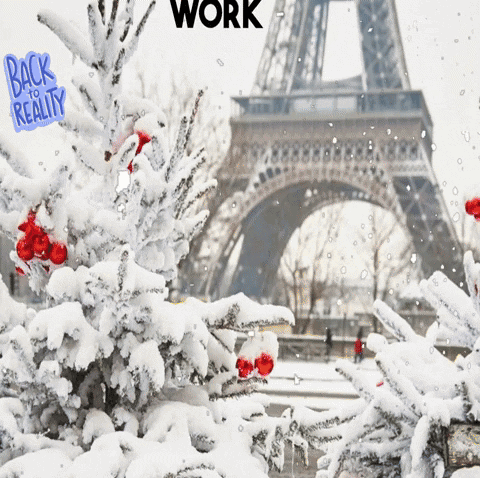 Eiffel Tower Behind Snow Covered Christmas Tree