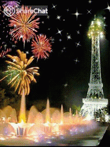 Eiffel Tower Lit Up With Fireworks And ShareChat Logo GIF