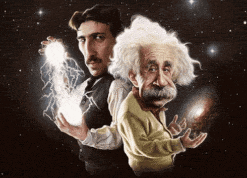 Einstein and Nikola Tesla Holding Lightning