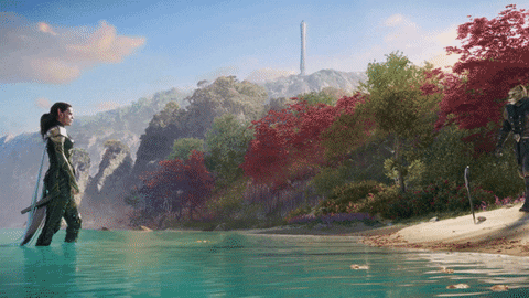 Elder Scrolls Summerset Two Characters In River GIF