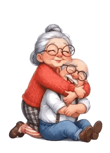 Elderly Couple Hugging Woman With Glasses