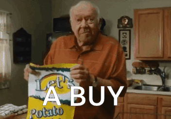 Elderly Man Holding Let's Buy Potato Chips