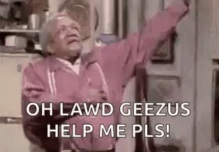Elderly Man in Pink Jacket Shouting With Arms Outstretched in Kitchen