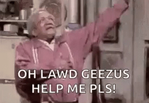Elderly Man in Pink Jacket Shouting With Arms Outstretched in Kitchen