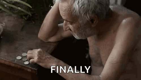 Elderly Man Without Shirt With Coins GIF