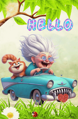 Elderly Woman Driving Car With Cat Hello