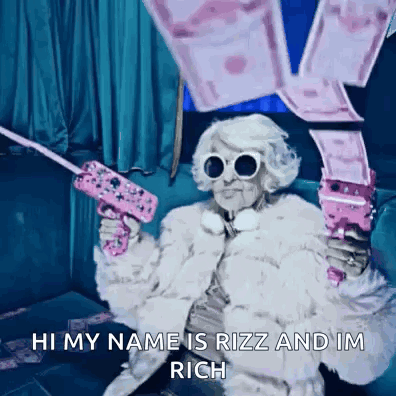 Elderly Woman in Fur Coat Holding Pink Gun Says Hi My Name Is Rizz and I'm Rich