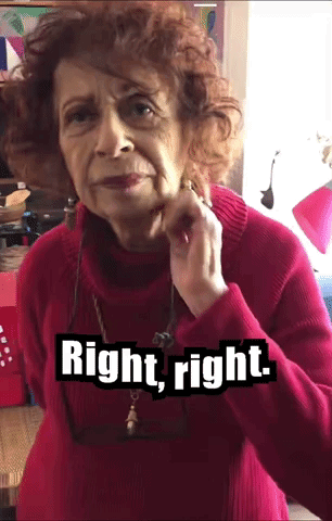 Elderly Woman in Red Sweater Saying Right Right