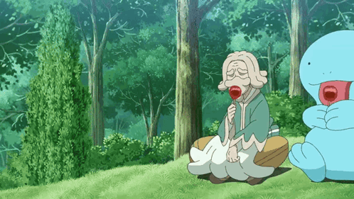Elderly Woman Sitting in Grass With Lollipop