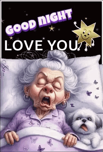 Elderly Woman Sleeping With Dog Saying Good Night Love You