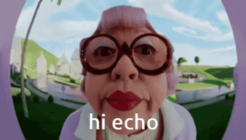 Elderly Woman With Glasses and Pink Headband Says Hi Echo
