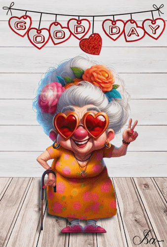 Elderly Woman with Heart Glasses and Cane