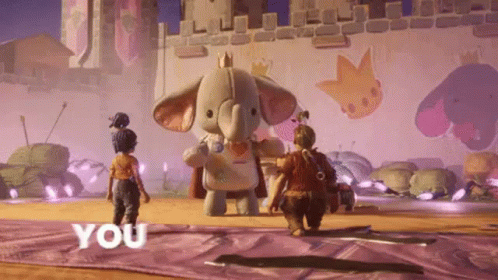 Elephant With Crown, Man and Girl in Video Game