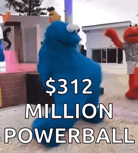 Elmo And Cookie Monster Are Dancing With The Words $ 312 Million Powerball GIF