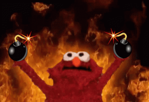 Elmo From Sesame Street Holding Two Bombs In Front Of A Fire Background GIF