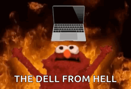 Elmo From Sesame Street Is Holding Up His Arms In Front Of A Laptop Computer That Is On Fire . GIF