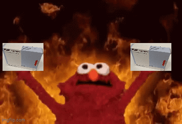 Elmo From Sesame Street Is Holding Up Two Boxes In Front Of A Fire Background GIF