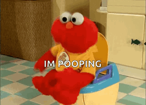 Elmo From Sesame Street Is Sitting On A Potty With The Words Im Pooping Above Him GIF
