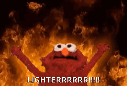 Elmo From Sesame Street Is Standing In Front Of A Fire And Says `` Lighterrrrr '' . GIF