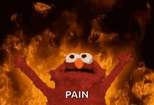 Elmo From Sesame Street Is Standing In Front Of A Fire With The Word Pain Written On It . GIF