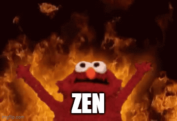 Elmo From Sesame Street Is Standing In Front Of A Fire With The Word Zen Above Him GIF
