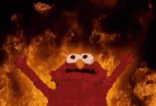 Elmo From Sesame Street Is Standing In Front Of A Wall Of Fire . GIF