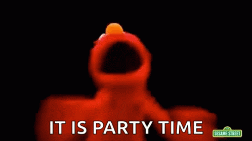 Elmo From Sesame Street Says It Is Party Time In A Dark Room . GIF