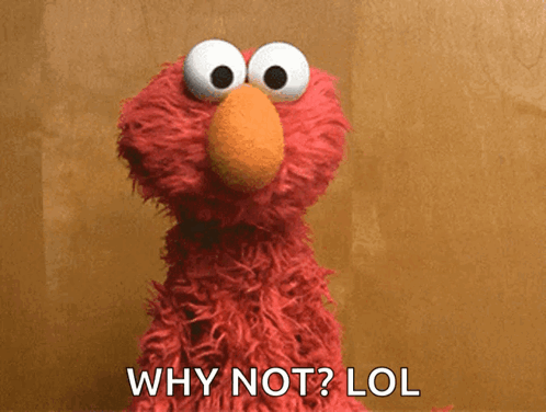 Elmo From Sesame Street Says " Why Not Lol " In Front Of A Brown Background GIF