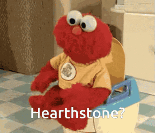 Elmo From Sesame Street Sitting On A Potty With The Words Hearthstone Written Below Him GIF