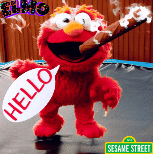 Elmo From Sesame Street Smoking Cigarette Holding Hello Sign