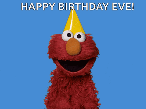 Elmo From Sesame Street Wearing A Yellow Party Hat With The Words Happy Birthday Eve Below Him GIF