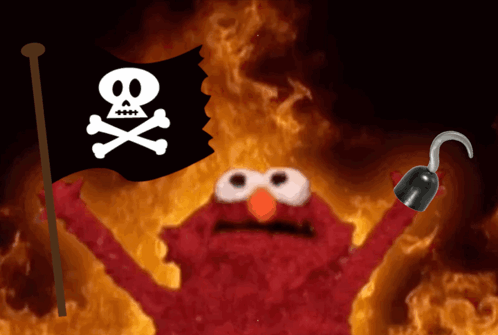 Elmo Is Holding A Pirate Flag With A Skull And Crossbones Design GIF