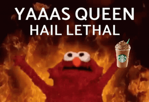 Elmo Is Holding A Starbucks Drink In Front Of Flames GIF