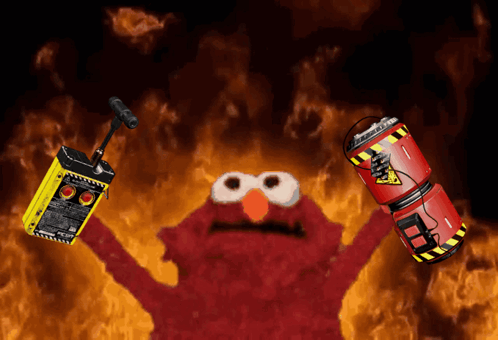 Elmo Is Holding A Yellow Box That Says " Warning " On It GIF