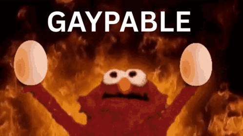 Elmo Is Holding Two Eggs In Front Of A Fire And The Words Gaypable GIF