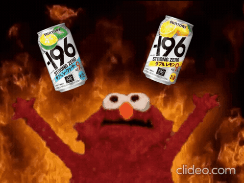 Elmo Is Holding Up Two Cans Of Suntory 196 Strong Zero GIF