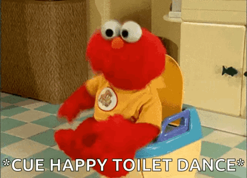 Elmo Is Sitting On A Toilet With The Words Cue Happy Toilet Dance Behind Him GIF