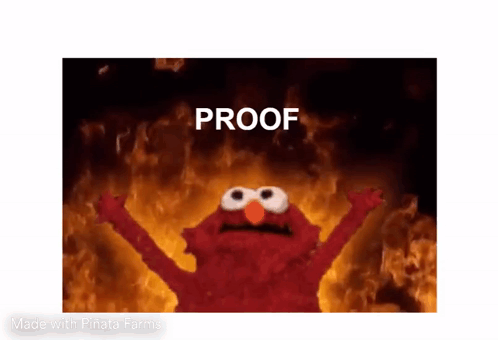 Elmo Is Standing In Front Of A Fire With His Arms In The Air And The Words `` Proof '' Written On The Bottom . GIF