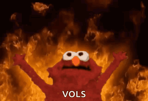 Elmo Is Standing In Front Of A Fire With The Word Vols Written On The Bottom GIF