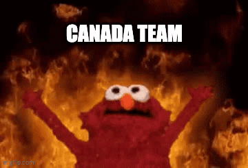 Elmo Is Standing In Front Of A Fire With The Words Canada Team Written Above Him GIF