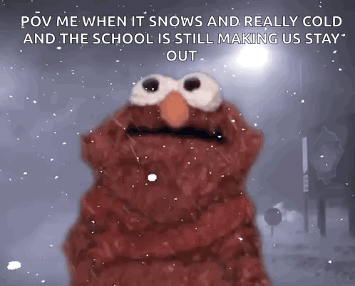 Elmo Is Standing In The Snow With A Caption That Says Pov Me When It Snows And Really Cold GIF