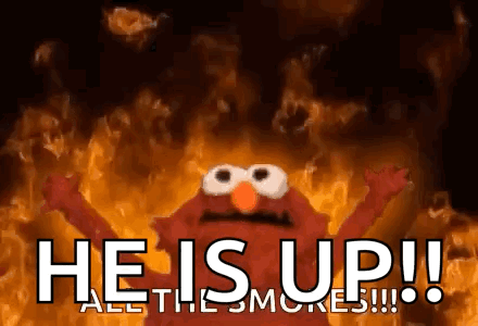 Elmo Is Surrounded By Flames And Says He Is Up All The Smores !!! GIF
