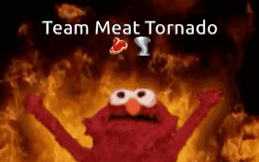 Elmo Is Surrounded By Flames And The Words Team Meat Tornado GIF