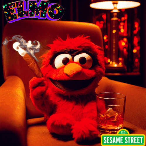 Elmo Sitting with Cigar and Whiskey