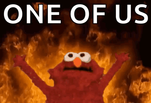 Elmo Surrounded By Flames One Of Us GIF