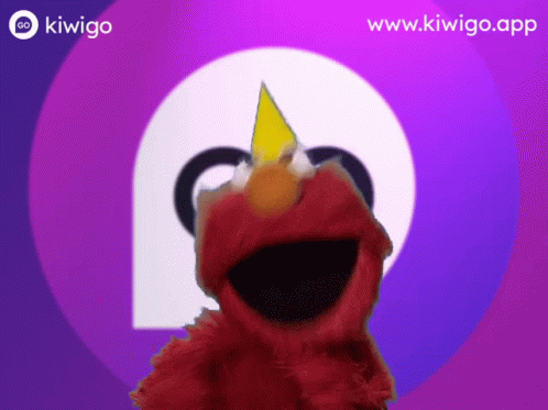 Elmo Wearing Yellow Party Hat in Front of Kiwigo Logo