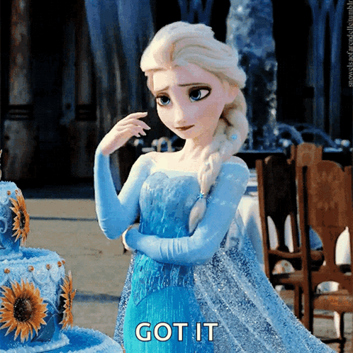 Elsa From Frozen Standing In Front Of Cake With Sunflowers GIF