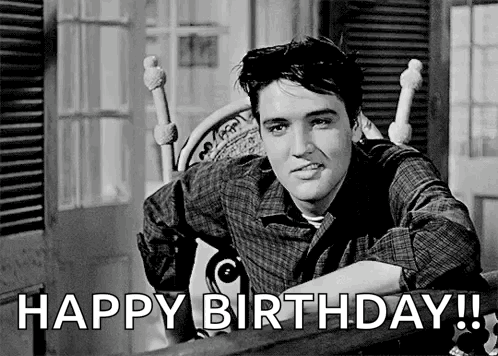 Elvis Presley Is Sitting In A Chair In A Black And White Photo With The Words `` Happy Birthday '' . GIF