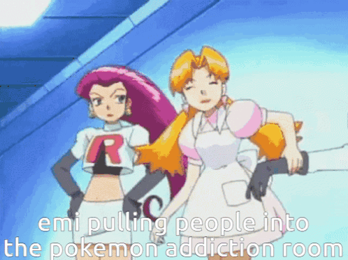 Emi Pulling People Into The Pokemon Addiction Room Is Written On The Screen GIF