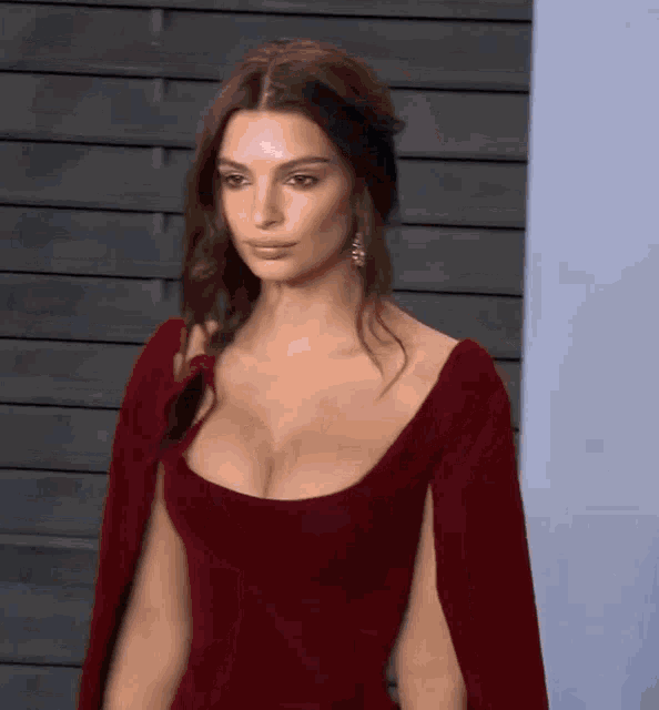 Emily Ratajkowski Wearing Maroon Dress GIF